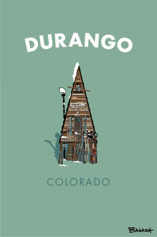 DURANGO COLORADO A FRAME HUT VINTAGE SKIIS | CANVAS | ILLUSTRATION | 2:3 RATIO