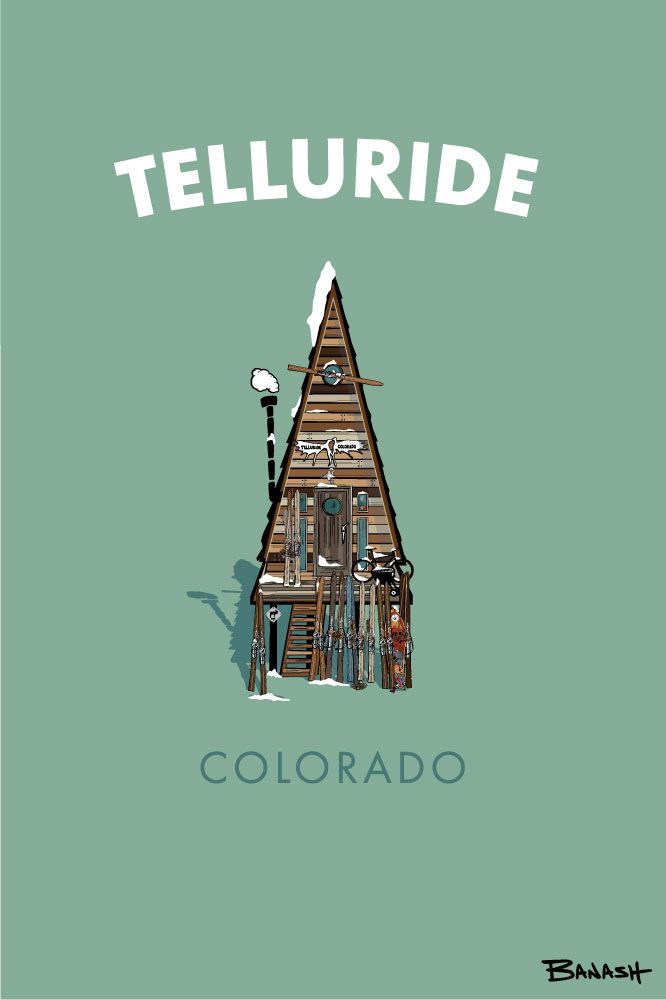 TELLURIDE COLORADO A FRAME HUT VINTAGE SKIIS | CANVAS | ILLUSTRATION | 2:3 RATIO