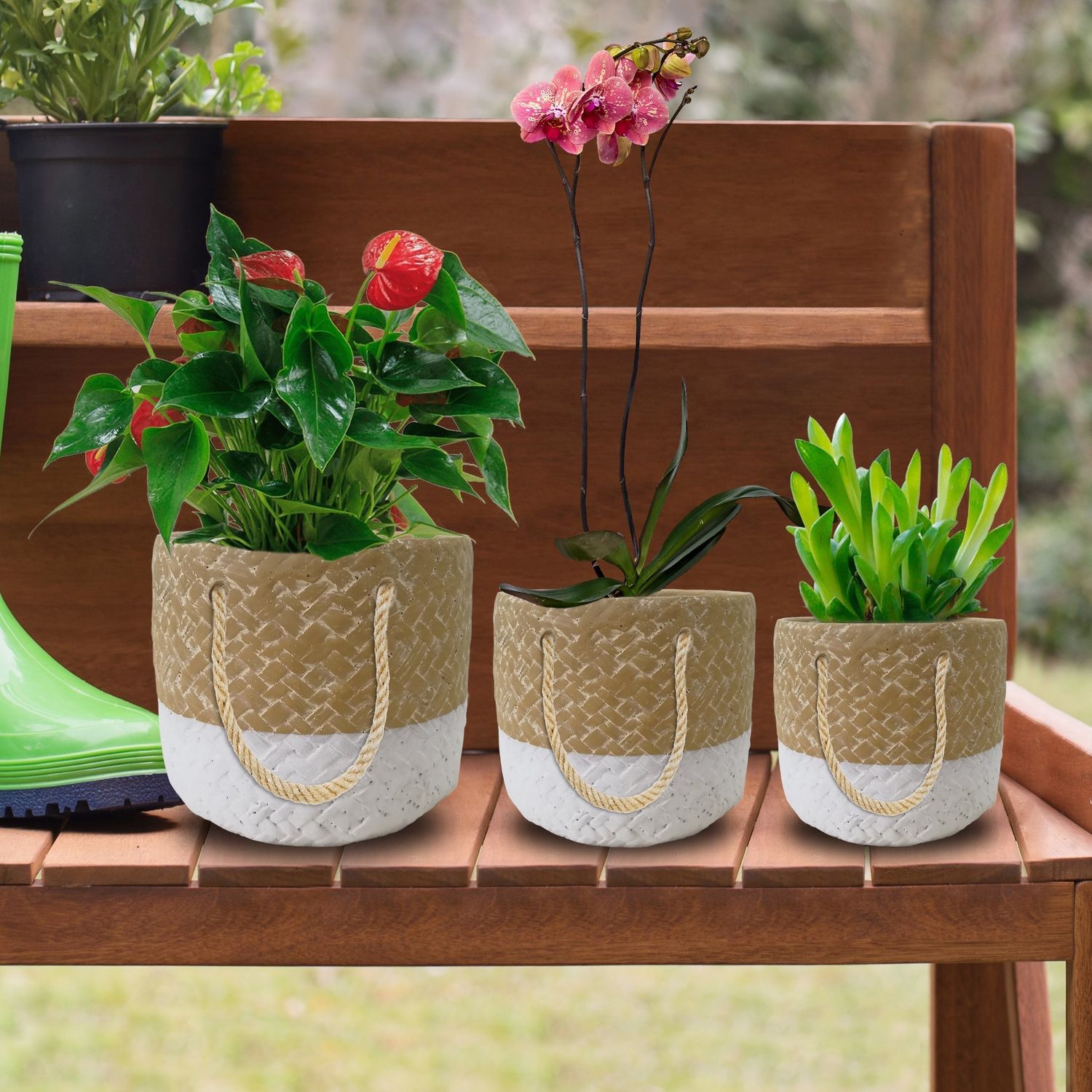 Ensemble de 3 jardinières en ciment texturé avec poignées en corde