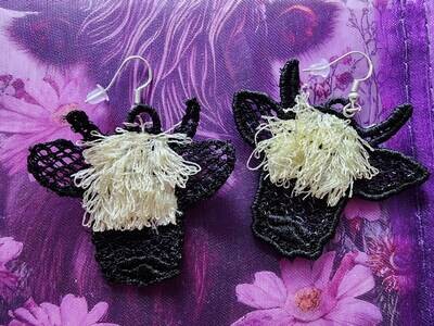 Black Highlander Cow Pierced Earrings - Free Standing Lace Embroidery Method