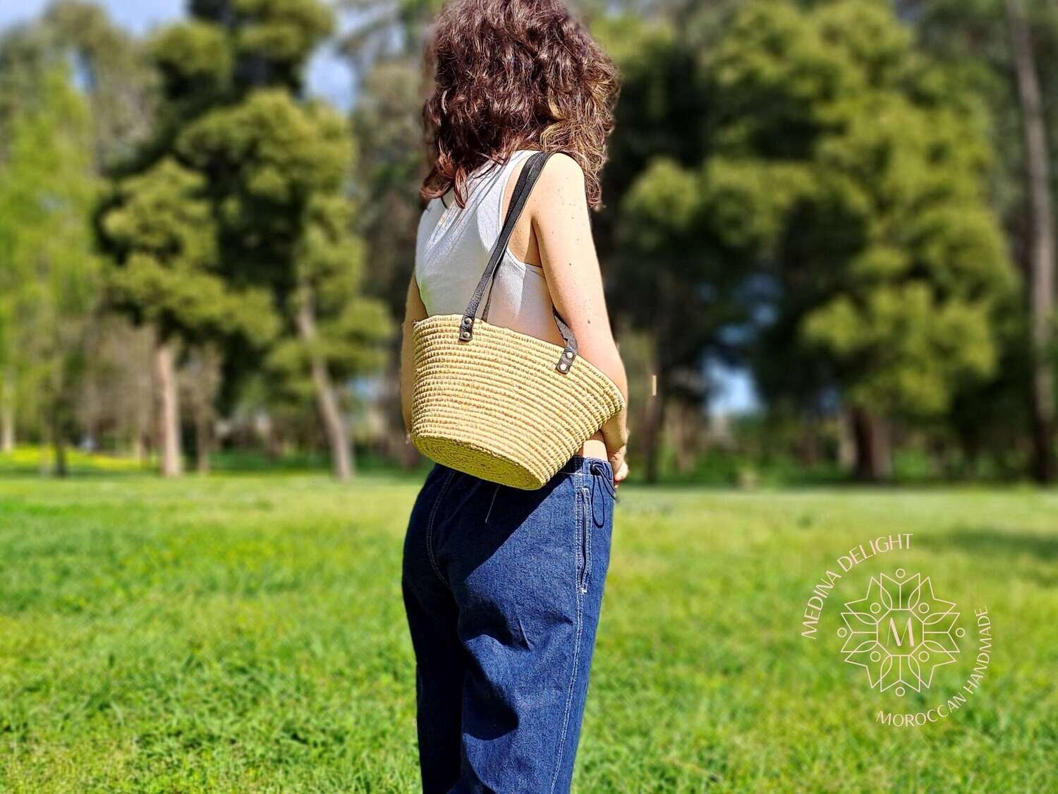 Moroccan Handmade Raffia Bag with Black Leather Handle