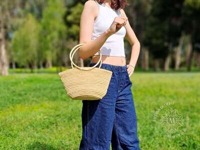 Moroccan Handmade Raffia  Basket with Rattan Handle