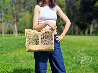 Moroccan Handmade Raffia Crochet Basket with Rattan Handle