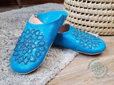 Light Blue Moroccan Leather Babouche Slippers