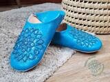 Light Blue Moroccan Leather Babouche Slippers