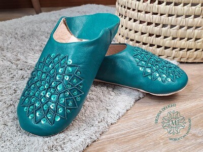 Aqua Moroccan Leather Babouche Slippers With Sequin
