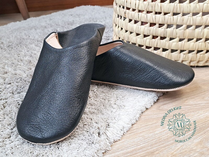 Black Moroccan Leather Babouches Slippers