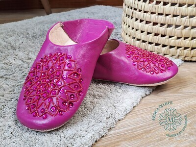 Fuchsia Moroccan Leather Babouche Slippers With Sequin