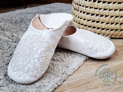 White Moroccan Leather Babouche Slippers