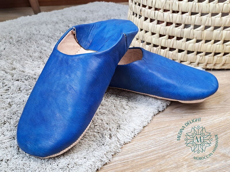 Blue Moroccan Leather Babouches Slippers