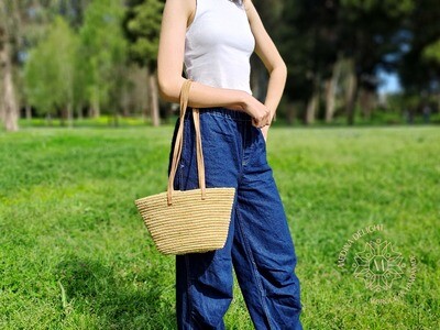 Moroccan Handmade Raffia Bag with Natural Leather Handle