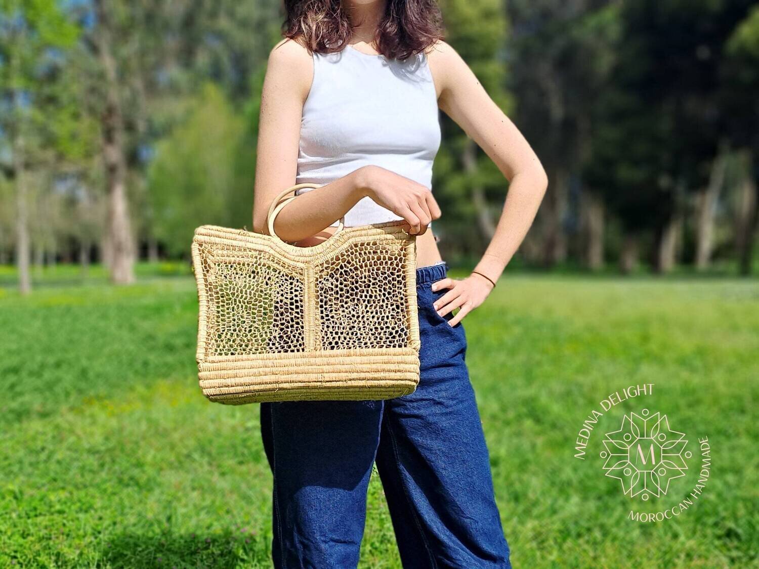 Moroccan Handmade Raffia Crochet Basket with Rattan Handle