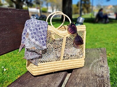 Moroccan Handmade Raffia Crochet Basket with Rattan Handle