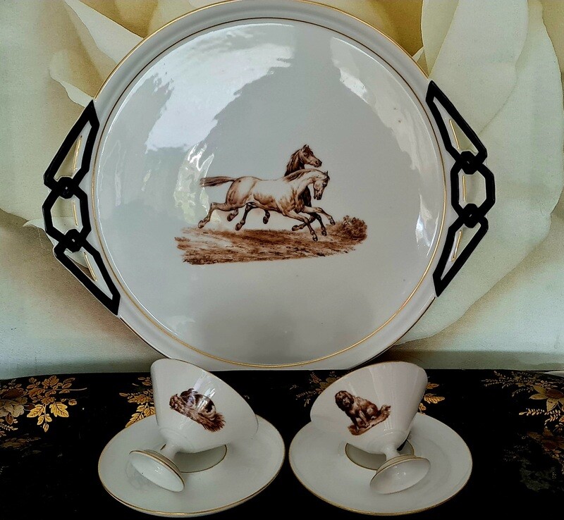 Antique 19th Century Porcelain Tray and Cups, Hand Painted