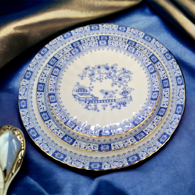 Blue Chinoiserie Bavarian Dinner &amp; Tea Set with Gold Trim