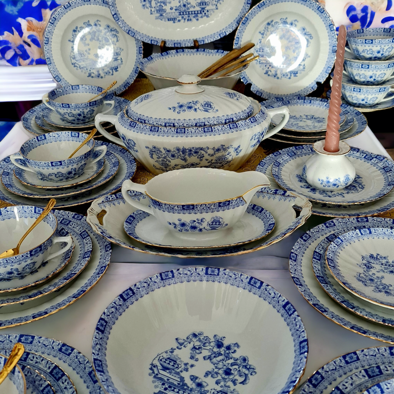 Blue chinoiserie dinner service, Wedding gift, Anniversary gift