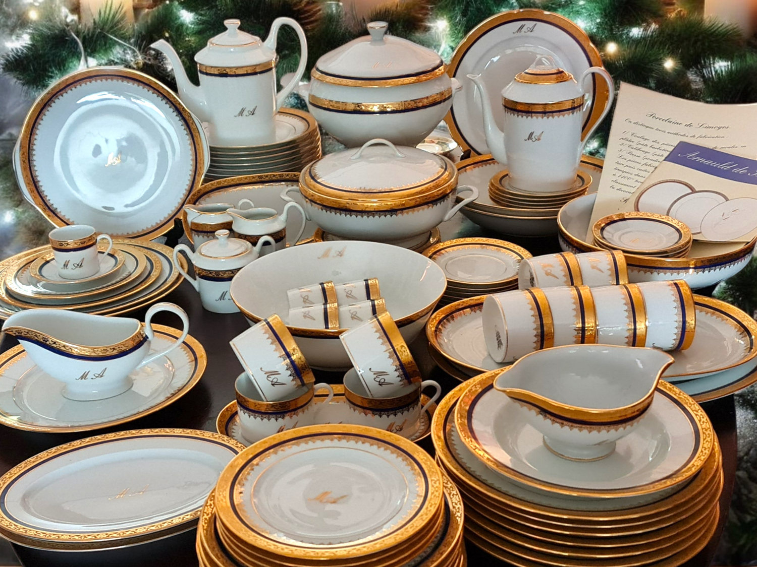 Limoges french cobalt Dinner and Tea service with 24kt gold trim with or without monogram, Wedding gift, Anniversary gift