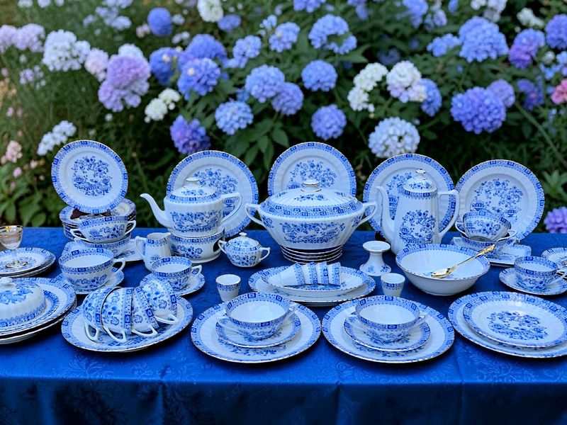 Blue Chinoiserie Bavarian Dinner &amp; Tea Set with Gold Trim