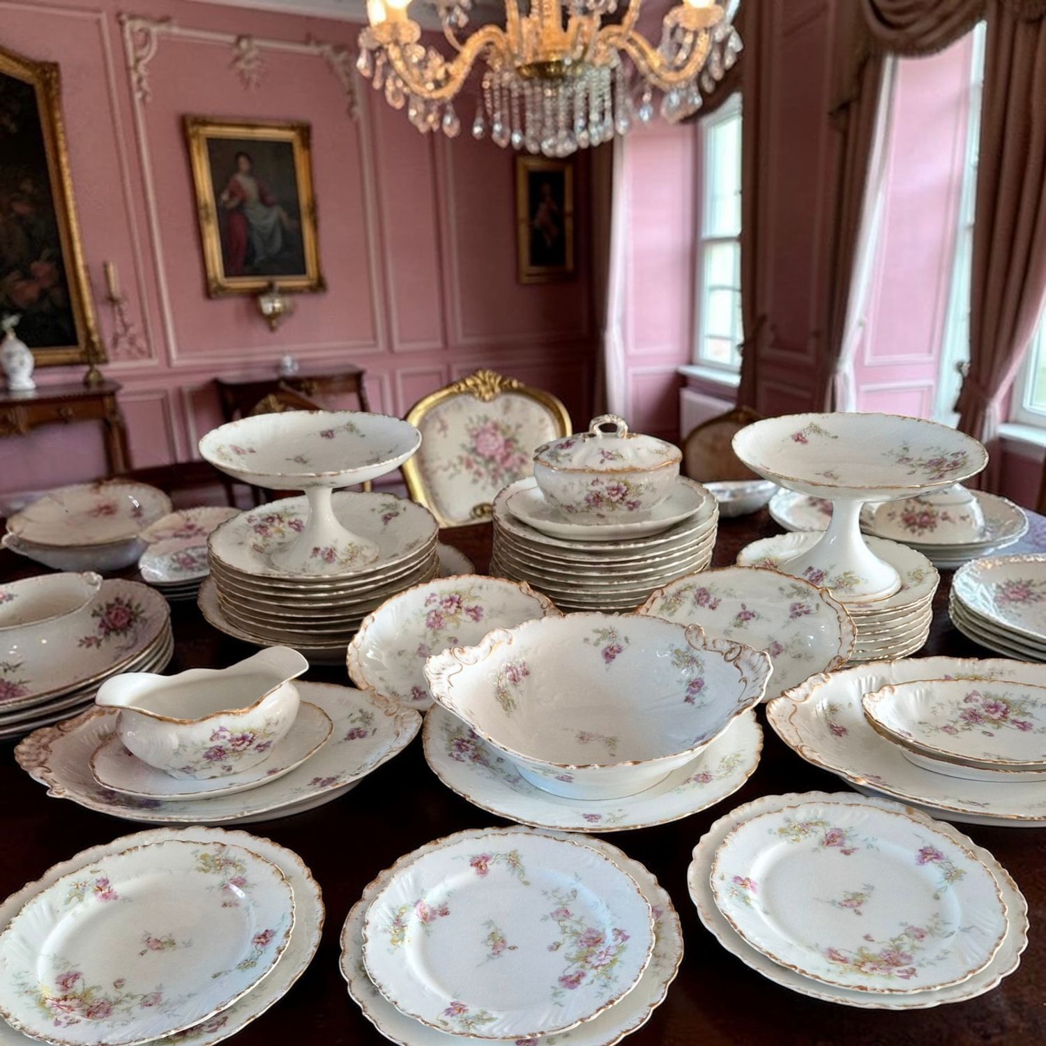 French Limoges hand painted pink floral dinner set - 19th century, Wedding gift, Anniversary gift