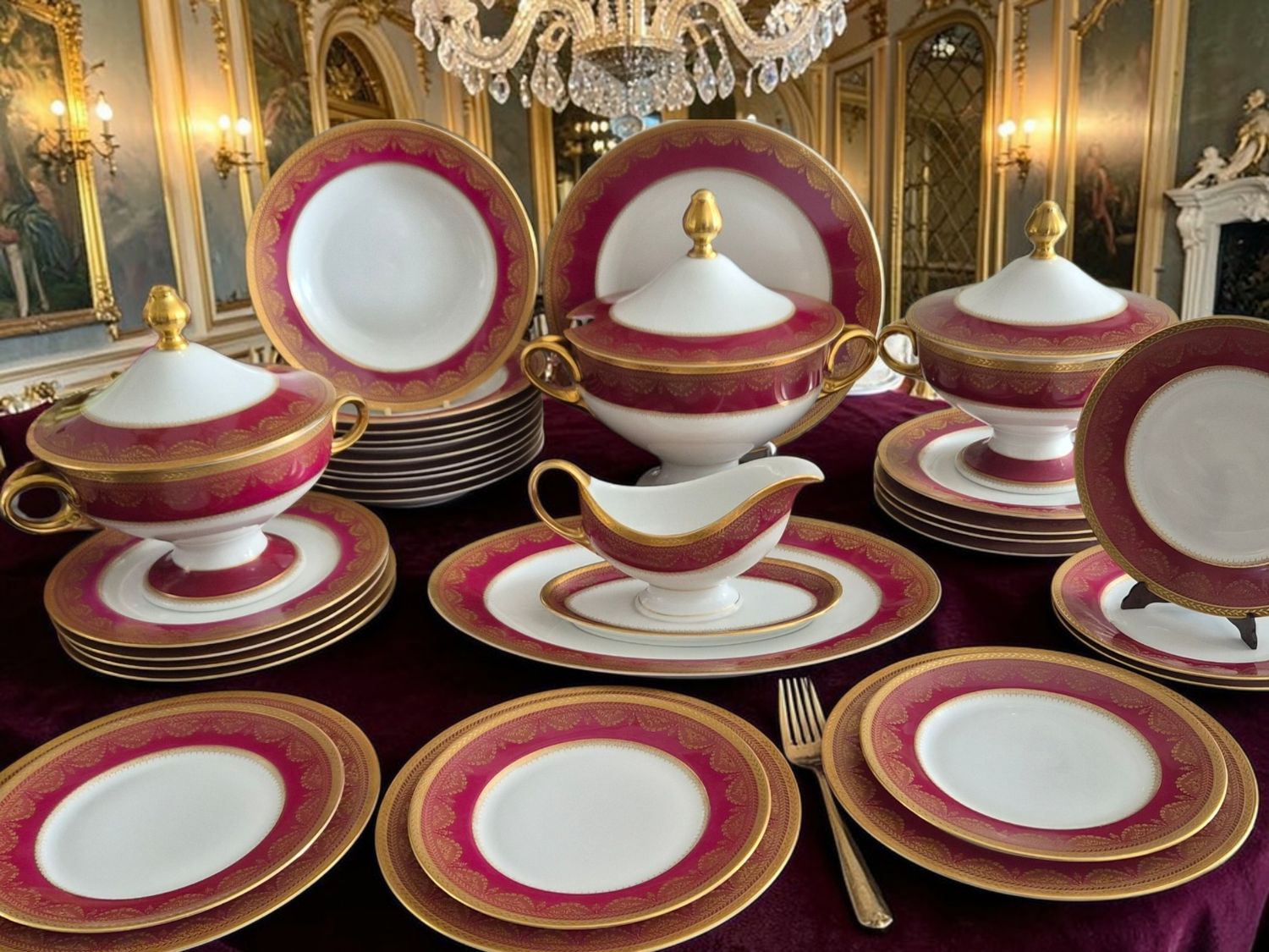 Exquisite Antique Burgundy &amp; Gold Empire Dinner Set – Hand Decorated by Epiag (Karlovy Vary)