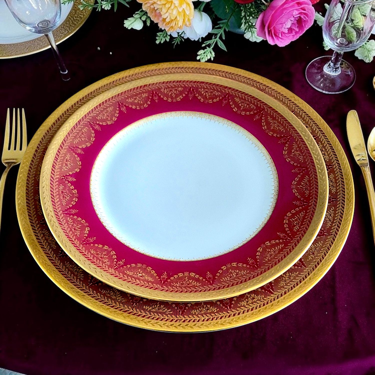 Exquisite Antique Burgundy &amp; Gold Empire Dinner Set – Hand Decorated by Epiag (Karlovy Vary)
