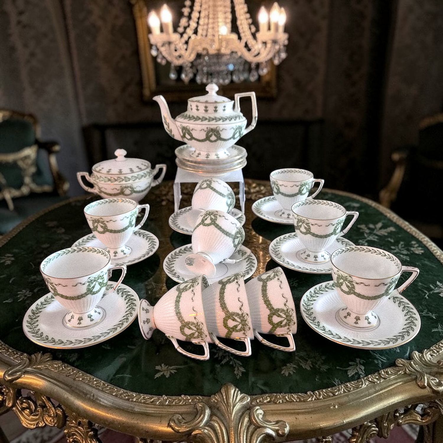 Antique Sarreguemines french porcelain coffee set decorated with laurel garland and bows - 19th century
