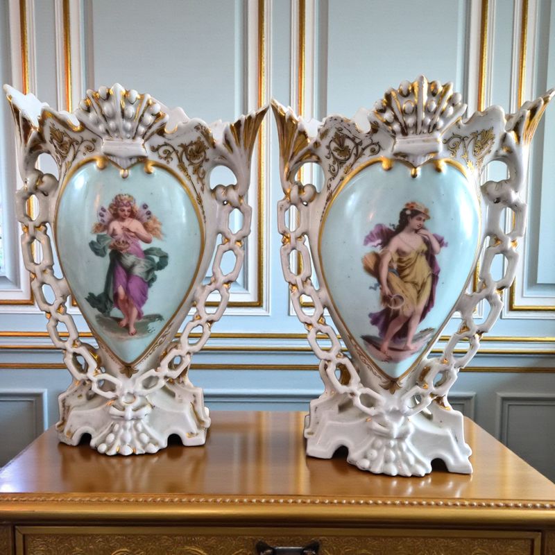 Pair of Antique 19th Century French Porcelain Vases, Hand-Painted, Gilt Details