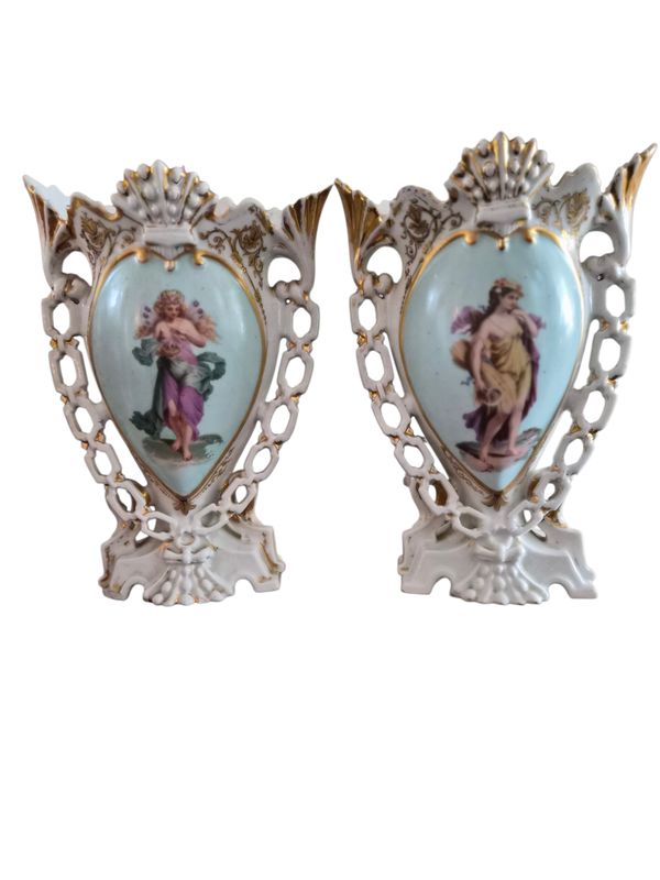 Pair of Antique 19th Century French Porcelain Vases, Hand-Painted, Gilt Details
