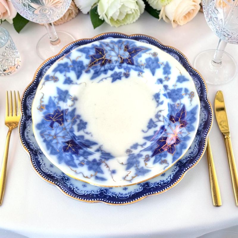 Antique Sarreguemines Bryonia Serving Set | Flow Blue Gold Transferware Faience