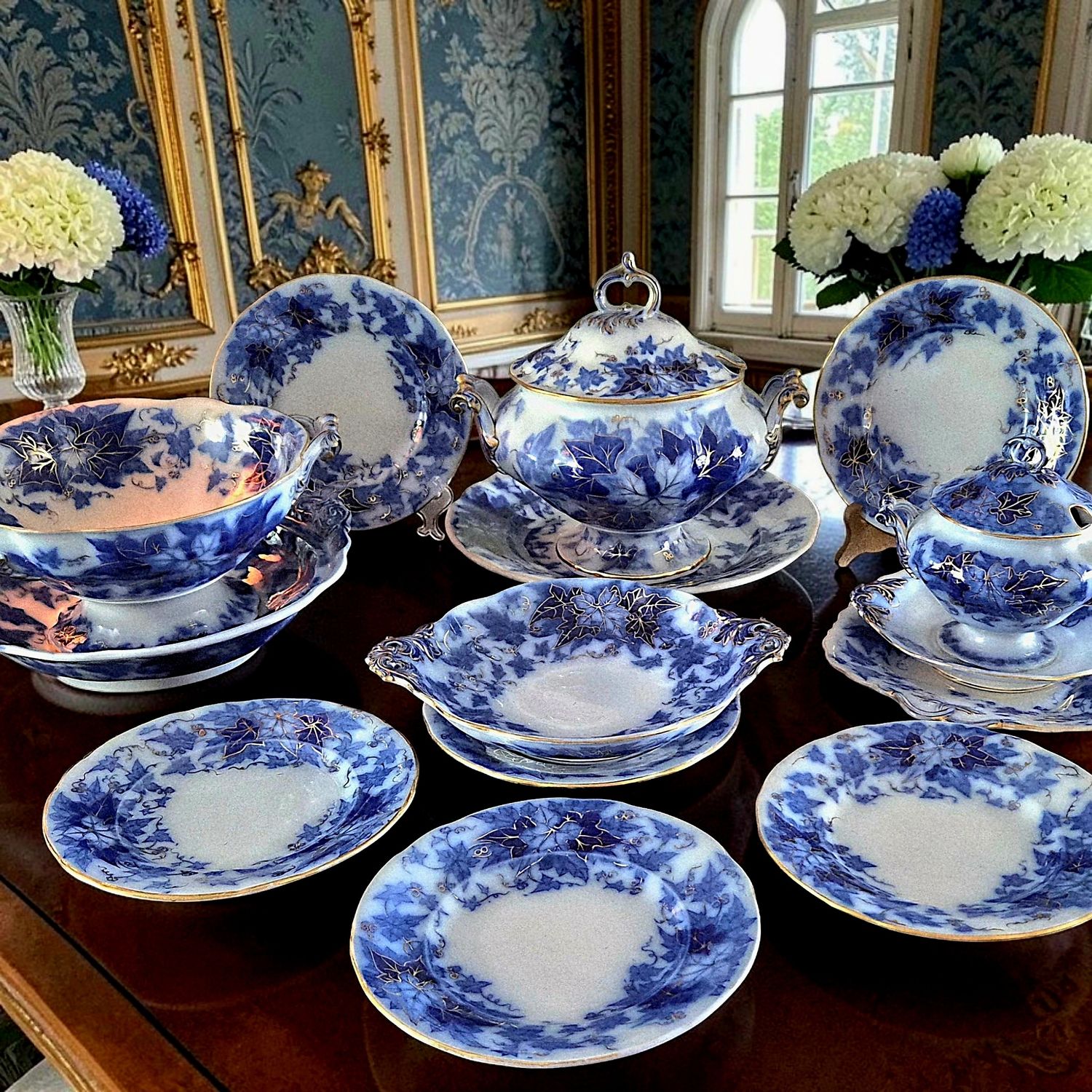 Antique Sarreguemines Bryonia Serving Set | Flow Blue Gold Transferware Faience