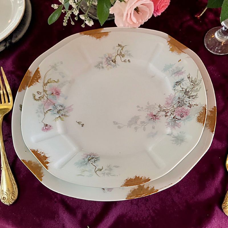 Antique Limoges Dinner Set c.1900, Hand-Painted Floral Porcelain, Gold Trim
