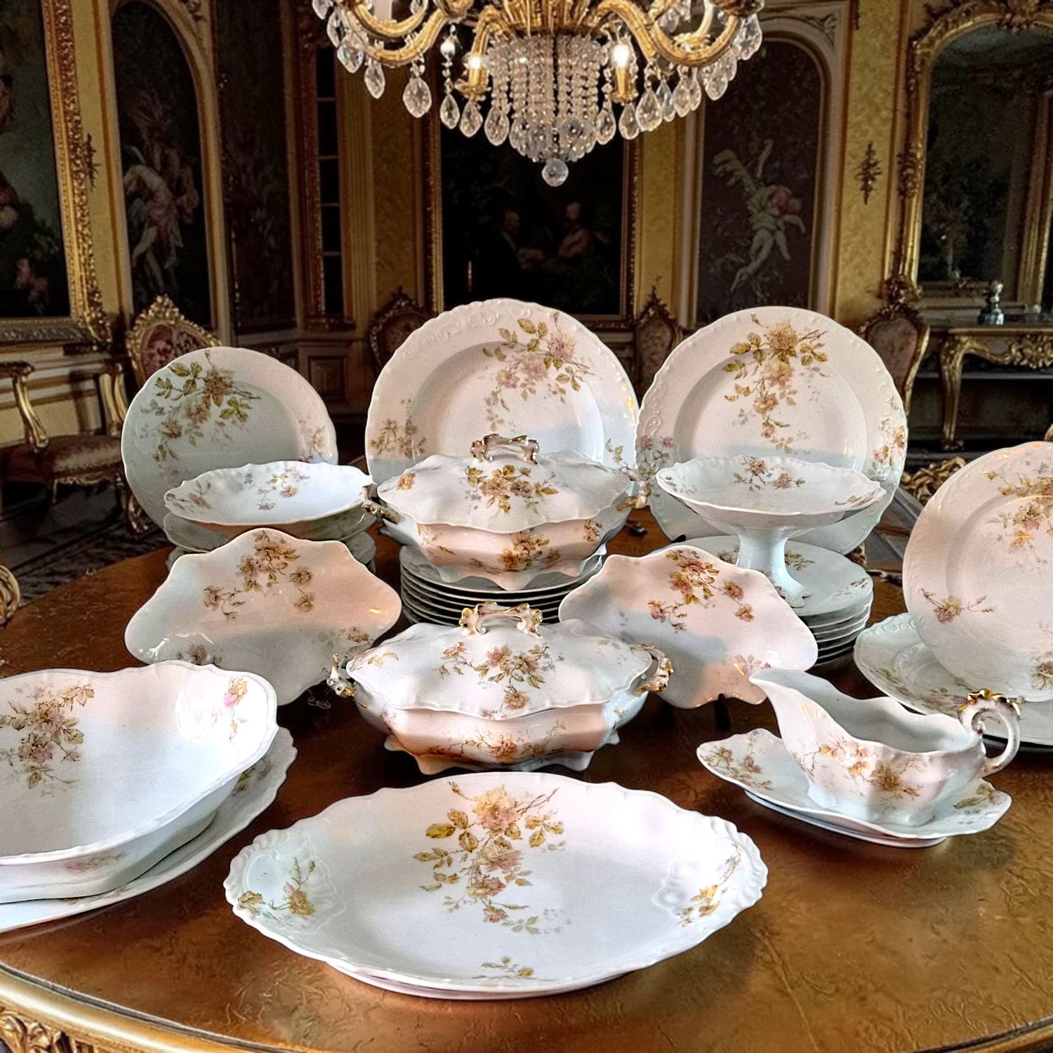 Antique Hand-Painted Vienna Dinner Set, Floral Porcelain, Gold Trim