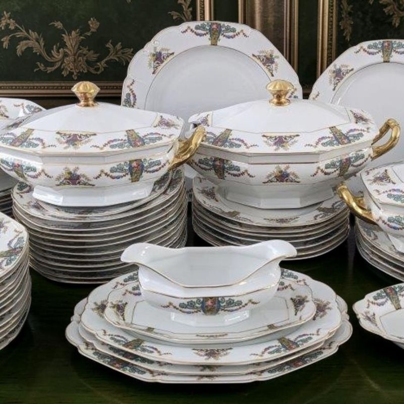 1940s Epiag Czech Porcelain Dinner Set, Art Deco Floral, Gold Trim