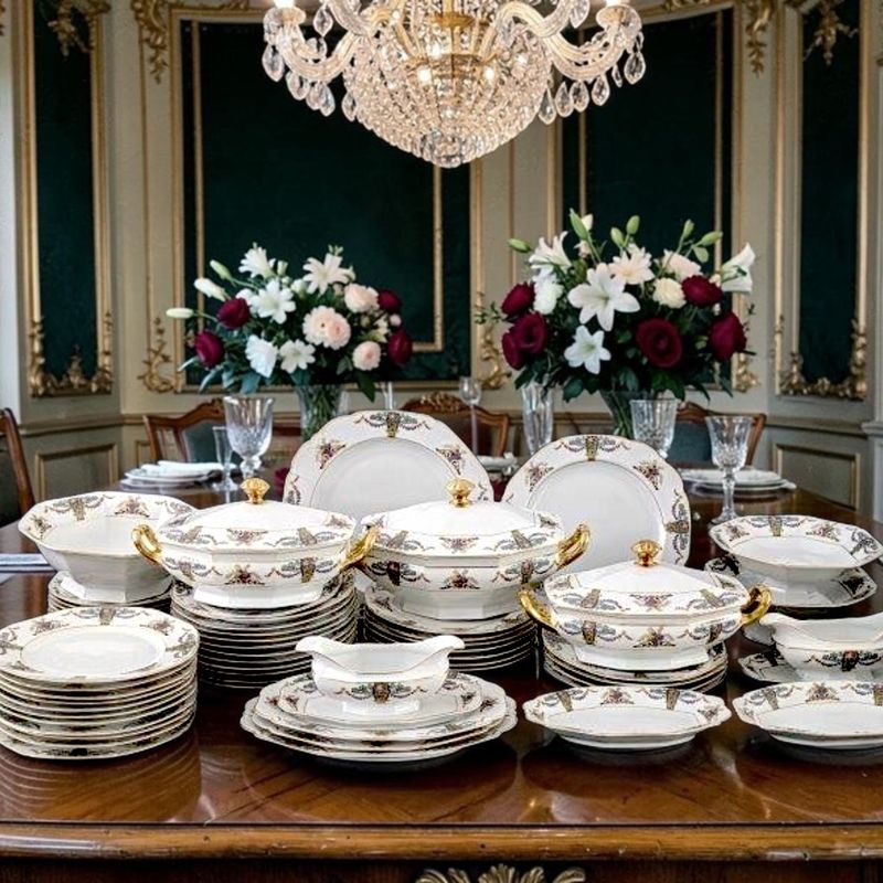 1940s Epiag Czech Porcelain Dinner Set, Art Deco Floral, Gold Trim