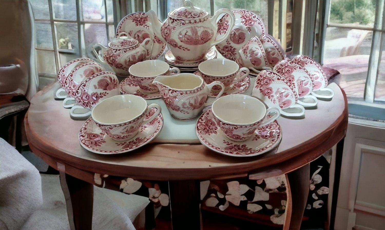 Vintage Pink Peacock Transferware Tea Set with Roses