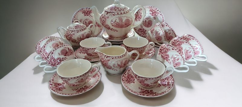 Vintage Pink Peacock Transferware Tea Set with Roses