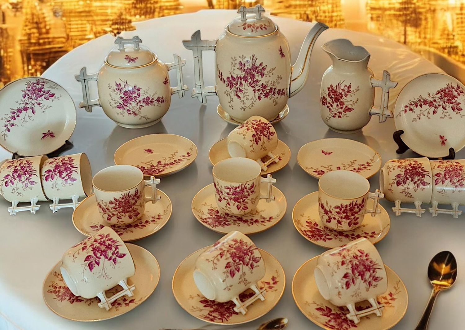 Antique 19th Century French Hand-Painted Tea Set, Pink Floral, 27 Piece