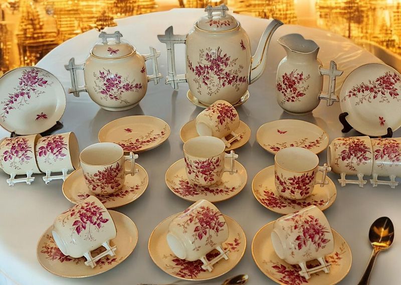 Antique 19th Century French Hand-Painted Tea Set, Pink Floral, 27 Piece