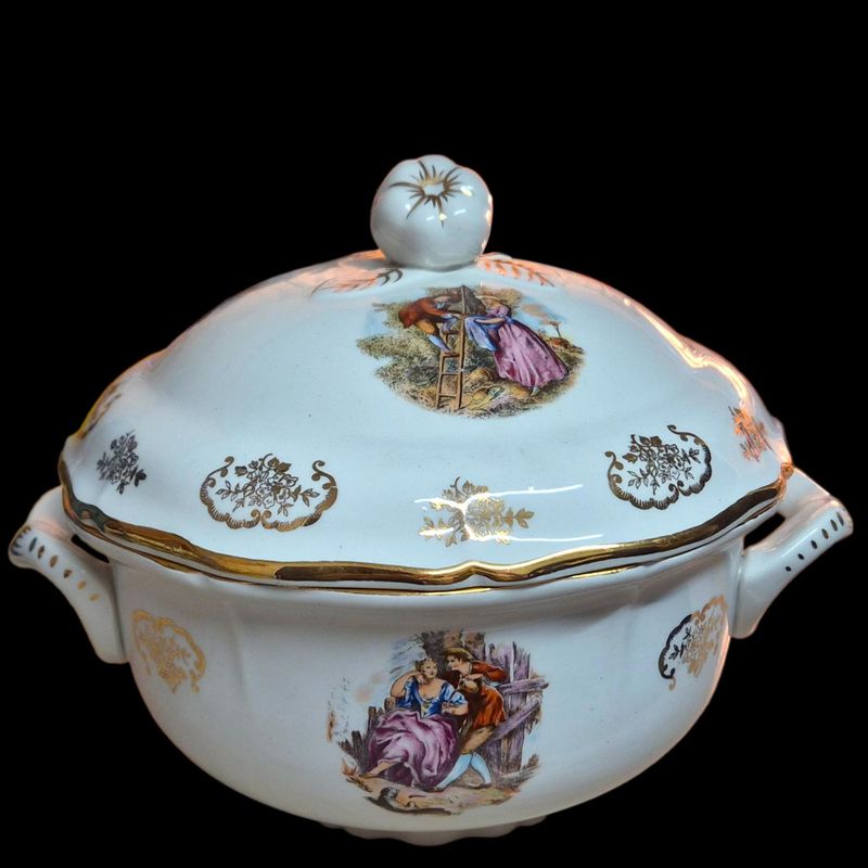 1950s French Ironstone Dinner Set, Romantic Scenes &amp; Gold Trim