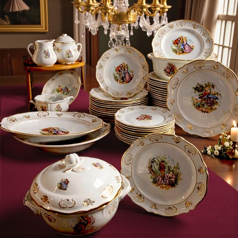 1950s French Ironstone Dinner Set, Romantic Scenes &amp; Gold Trim