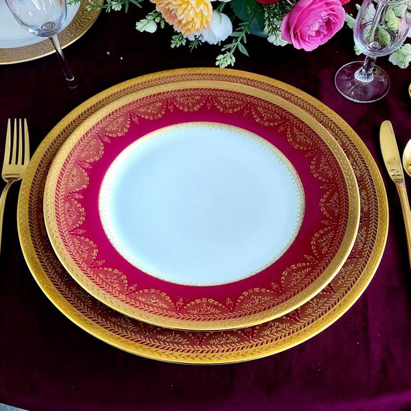 Antique Epiag Karlsbad Dinner Set, Burgundy Red &amp; Gold Lace Rim