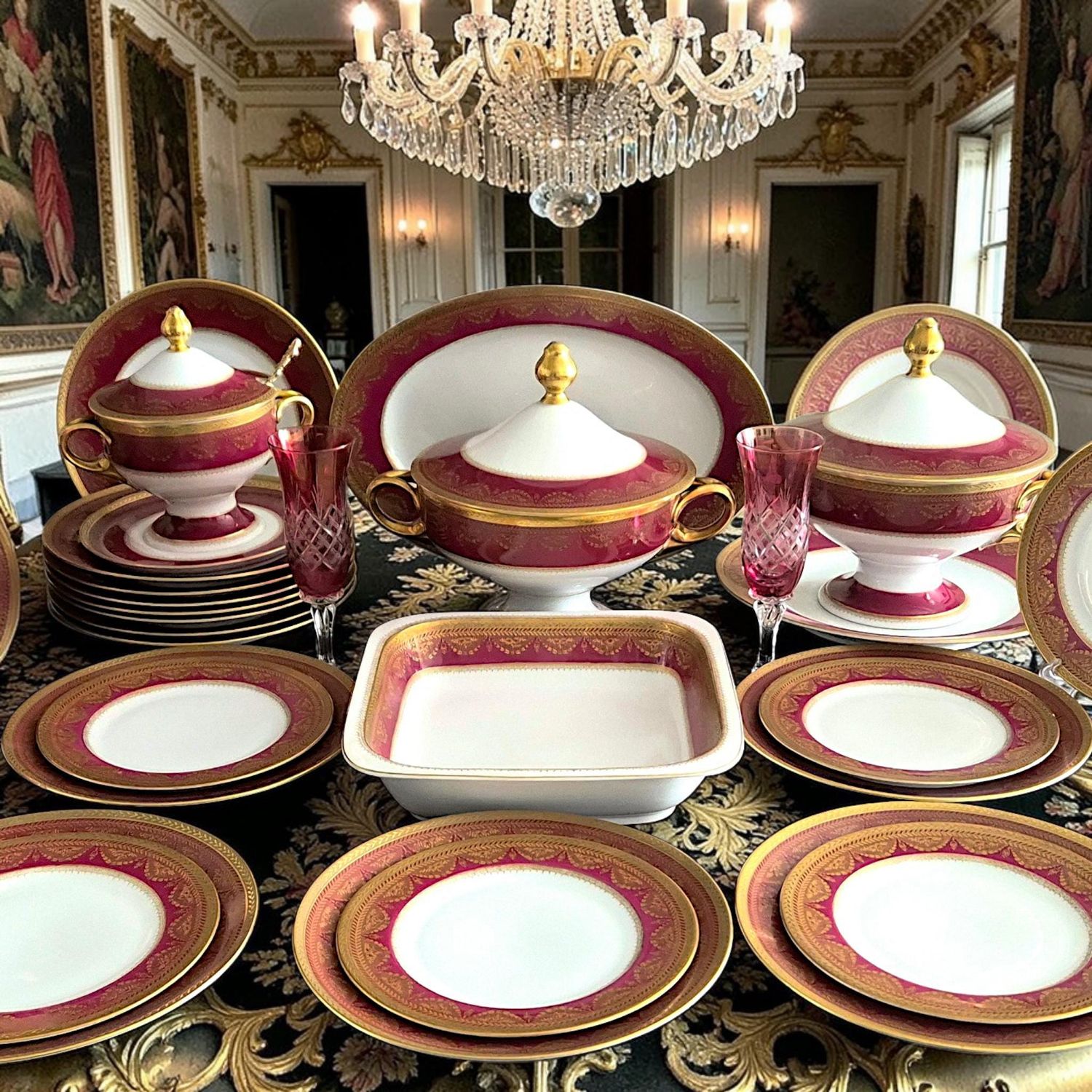 Antique Epiag Karlsbad Dinner Set, Burgundy Red &amp; Gold Lace Rim