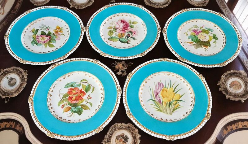 Rare Antique Copeland Spode Set of 5 Hand-Painted Aqua Blue Plates, 19th Century