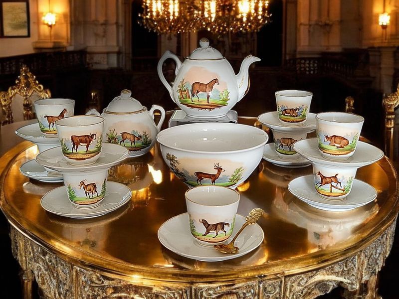 Antique 19th Century French Hand-Painted Porcelain Tea Set, Animal Motifs