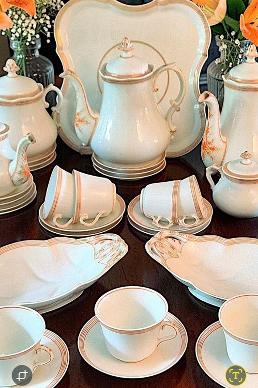 Antique French Porcelain Tea Set, Hand-Painted Orange &amp; Gold, 1849-1900