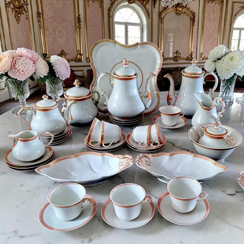 Antique French Porcelain Tea Set, Hand-Painted Orange &amp; Gold, 1849-1900