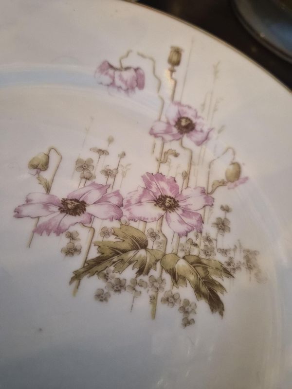 Antique 19th Century De Fuisseaux Baudour Porcelain Dinner Set, Pink Floral &amp; Gold Trim