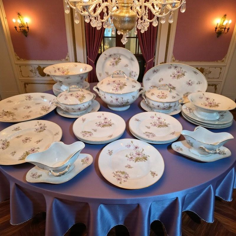 Antique 19th Century De Fuisseaux Baudour Porcelain Dinner Set, Pink Floral &amp; Gold Trim