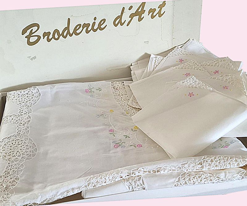 Vintage French Hand-Embroidered Linen Tablecloth Set with 12 Napkins