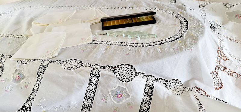 Vintage French Hand-Embroidered Linen Tablecloth Set with 12 Napkins